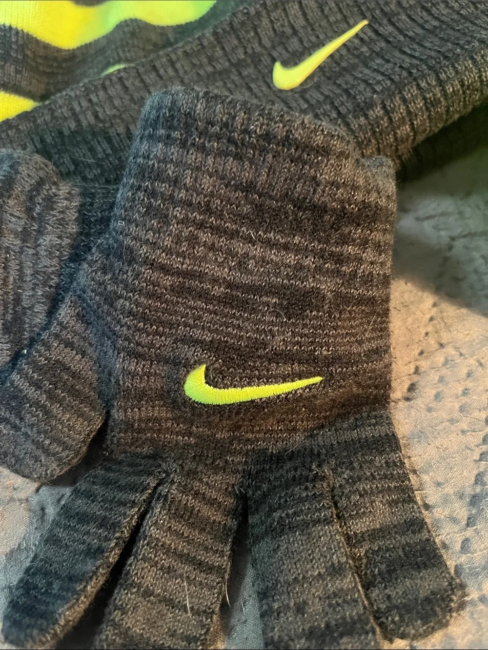 Nike Kids Neon Yellow, Navy & Charcoal Beanie and Glove Set
